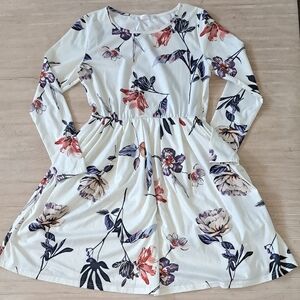 BlueTime White Floral Print Long Sleeve Fit & Flare Dress with Pockets